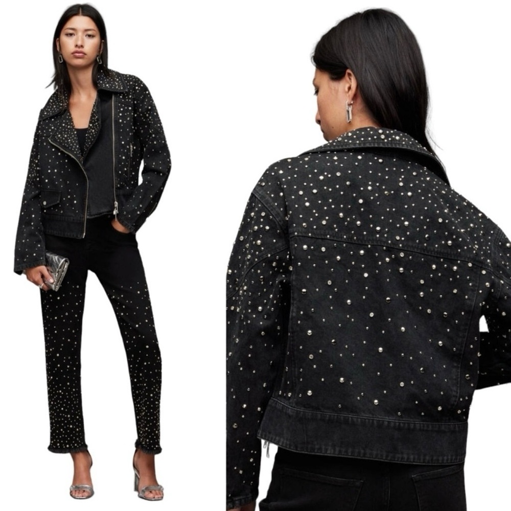 All saints Eve Studded Black Biker Denim Jacket Sz US 10 UK 14 NWT